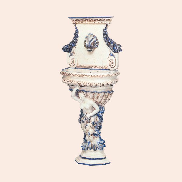 BLUE AND WHITE FOUNTAIN FISH HEAD AND COLUMN WITH MERMAID